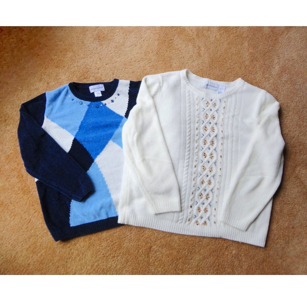Alfred Dunner Chenille Jeweled Argyle Sweaters 2 Pack Navy Ivory Women's Medium